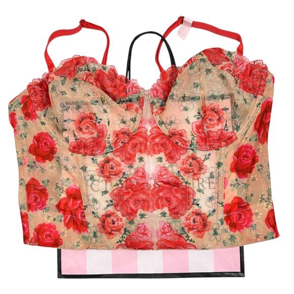 NWT Victoria's Secret Dream Angels Floral Lace Bustier Corset Top 36D Red Rose - Picture 1 of 8